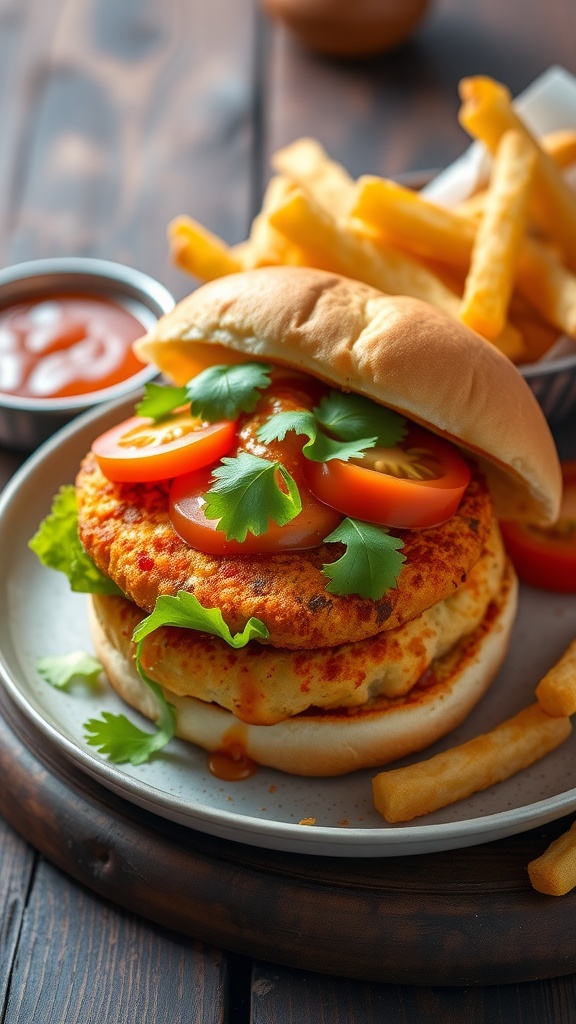 Crispy burger tikki served in a bun with fresh lettuce and tomato, alongside fries and dipping sauce.